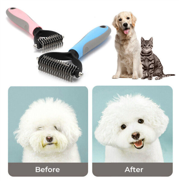 Grooming Brush For Pet Dog Cat Deshedding Tool Rake Comb Fur Remover Reduce 2-Side Dematting Tool For Dogs Cats Pets Grooming Brush Double Sided Shedding And Dematting Undercoat Rake Hair Removal Comb - Image 2